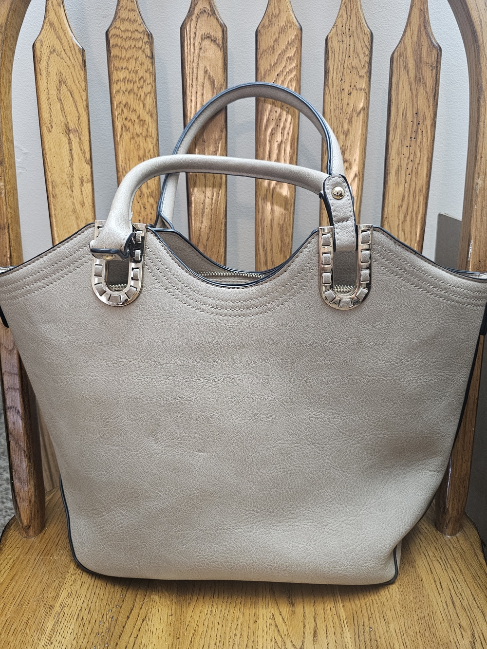 Women's Taupe Tote Bag with Decorative Hardware